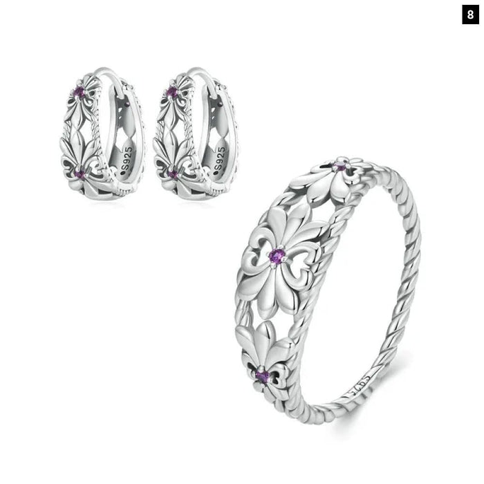 Womens 925 Sterling Silver Retro Iris Ring & Earrings
