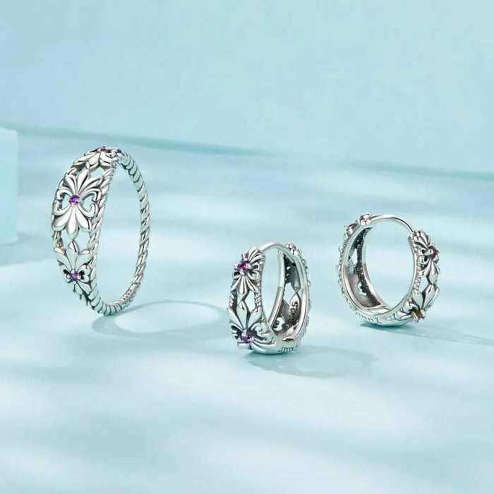 Womens 925 Sterling Silver Retro Iris Ring & Earrings