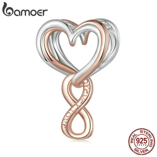 Womens 925 Sterling Silver Two - tone Heart Beads Rose Gold