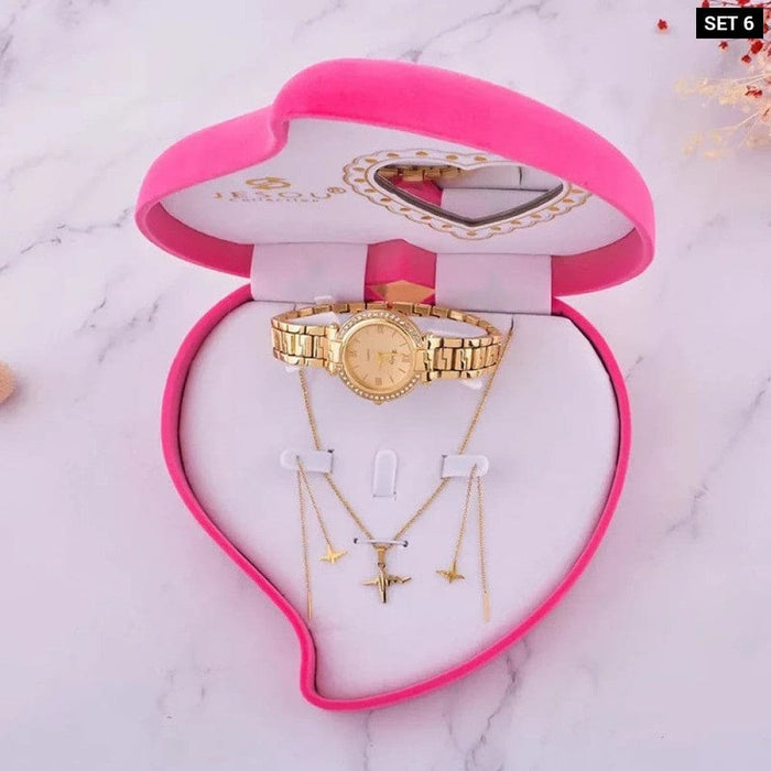 Womens Pendant Earrings Necklace Bracelet Watch Set With Box