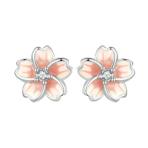Womens Pink Enamel Cherry Blossom Earrings 925 Sterling