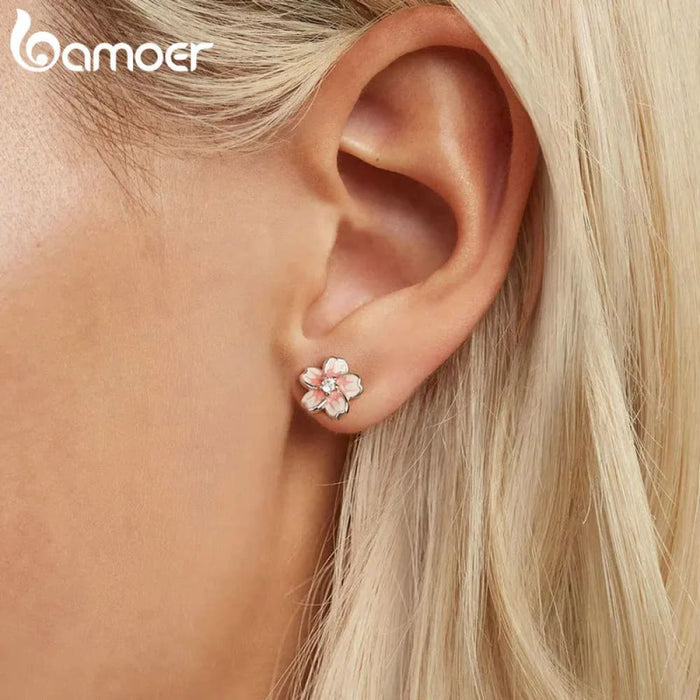 Womens Pink Enamel Cherry Blossom Earrings 925 Sterling