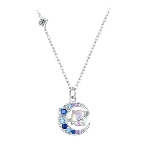 Womens Planet Necklace 925 Sterling Silver Star Moon Saturn