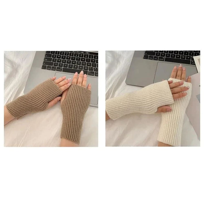 Womens Winter Half Finger Gloves Soft Wool Knit Arm Warmers