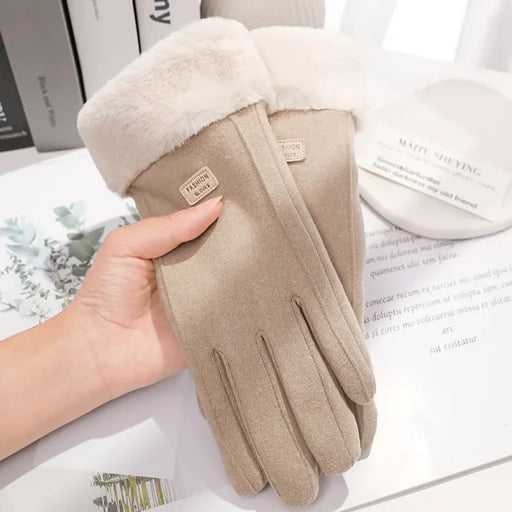 Womens Winter Plush Gloves Warm Suede Outdoor Guantes