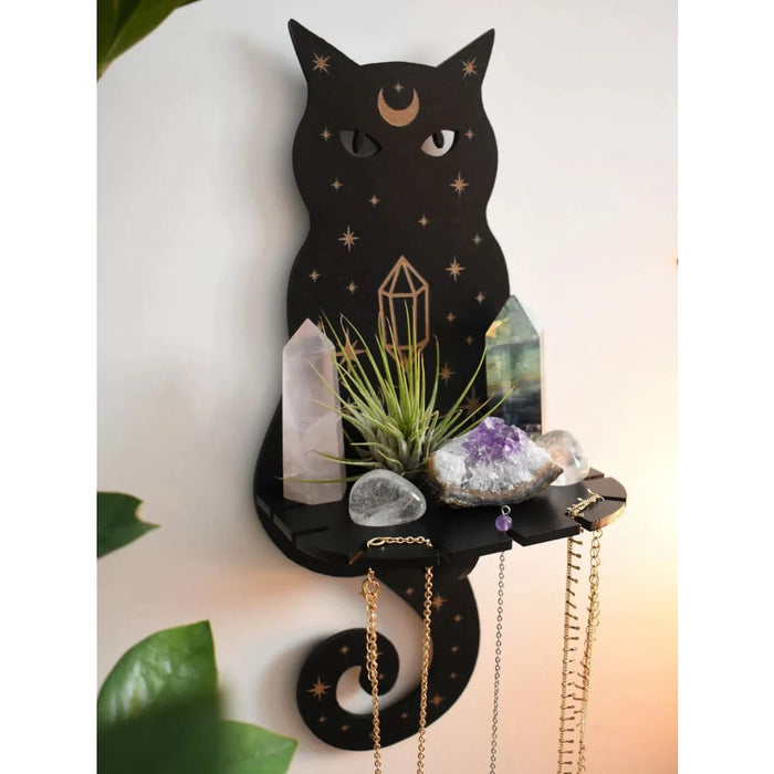 Wooden Cat Wall Shelf With Crystal Display