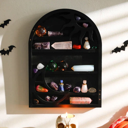 Wooden Crescent Moon Shelf With Crystal Stone Holder