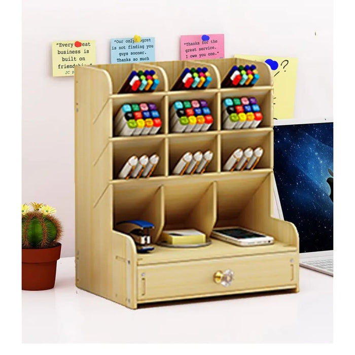 Wooden Desk Organizer With Diy Pen Holder And Storage Box