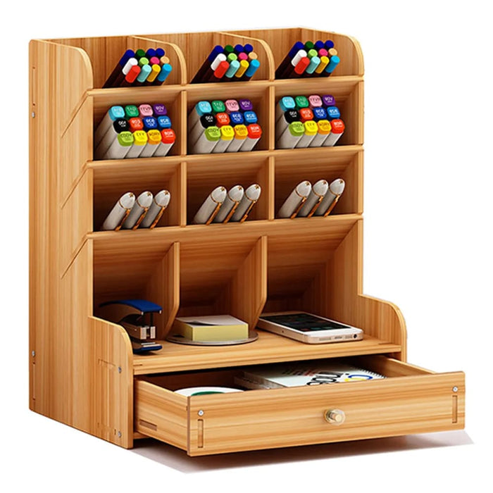Wooden Desk Organizer With Diy Pen Holder And Storage Box