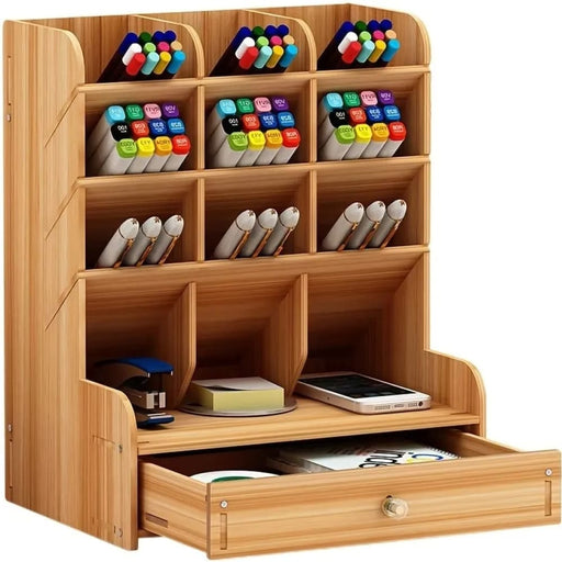 Wooden Desk Organizer With Diy Pen Holder And Storage Box