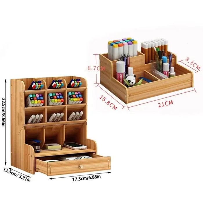 Wooden Desk Organizer With Diy Pen Holder And Storage Box