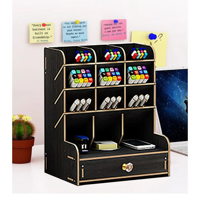 Wooden Desk Organizer With Diy Pen Holder And Storage Box