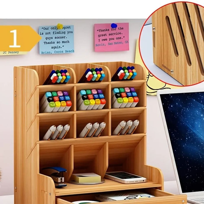 Wooden Desk Organizer With Diy Pen Holder And Storage Box