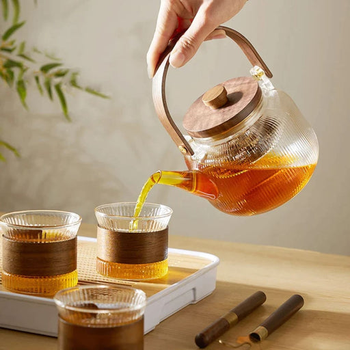 Wooden Handle Glass Teapot with Steel Filter