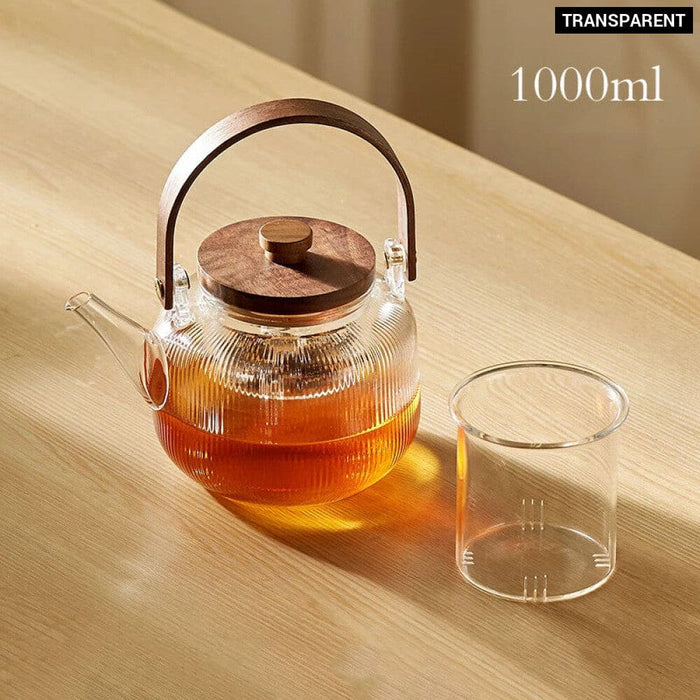 Wooden Handle Glass Teapot With Steel Filter