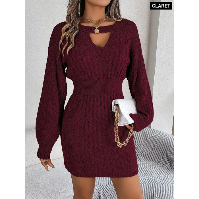 Woolen Dress with Lantern Sleeves for Women