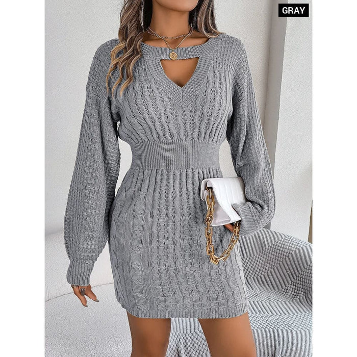 Woolen Dress with Lantern Sleeves for Women