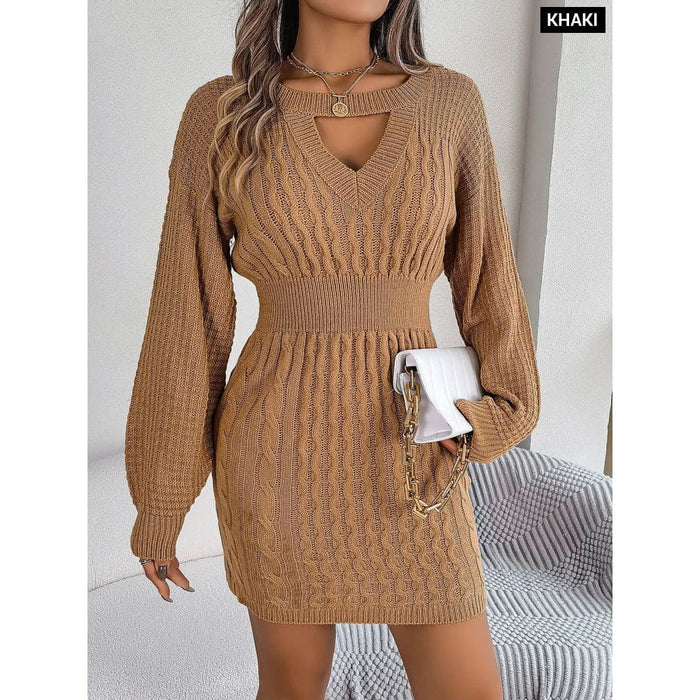 Woolen Dress with Lantern Sleeves for Women