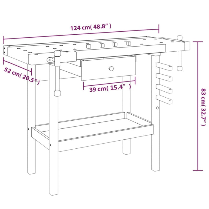 Workbench with Drawer and Vices 124x52x83 Cm Solid Wood