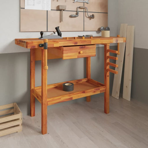 Workbench with Drawer and Vices 124x52x83 Cm Solid Wood