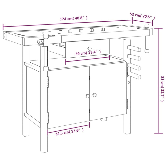 Workbench With Drawer And Vices 124x52x83 Cm Solid Wood