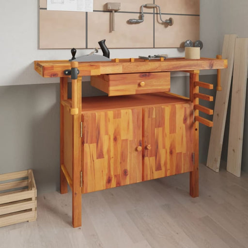 Workbench With Drawer And Vices 124x52x83 Cm Solid Wood