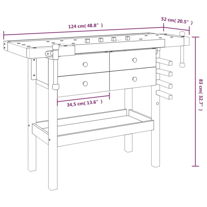 Workbench with Drawers and Vices 124x52x83 Cm Solid Wood