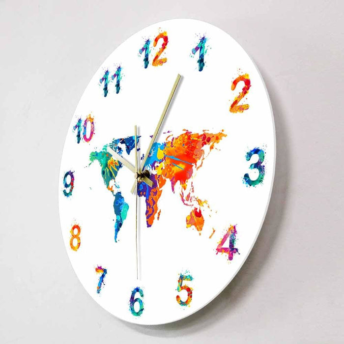 World Map Watercolour Decorative Silent Wall Clock Flat