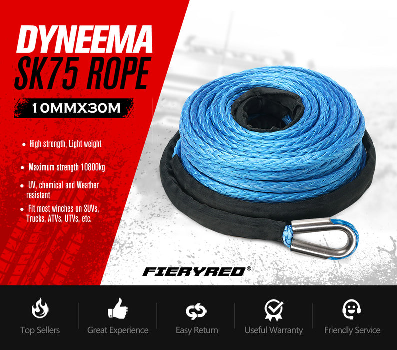 10Mm X 30M Synthetic Winch Rope Dyneema Sk75 Tow Recovery Cable 4Wd Car Blue