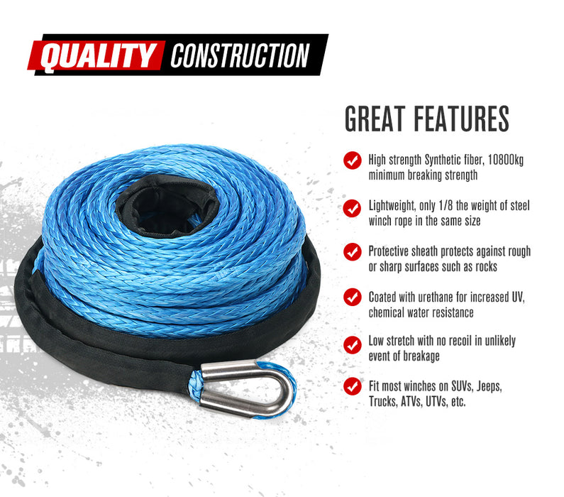 10Mm X 30M Synthetic Winch Rope Dyneema Sk75 Tow Recovery Cable 4Wd Car Blue
