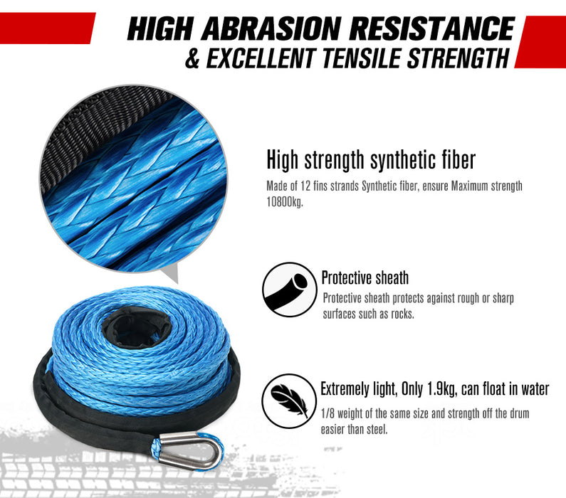 10Mm X 30M Synthetic Winch Rope Dyneema Sk75 Tow Recovery Cable 4Wd Car Blue