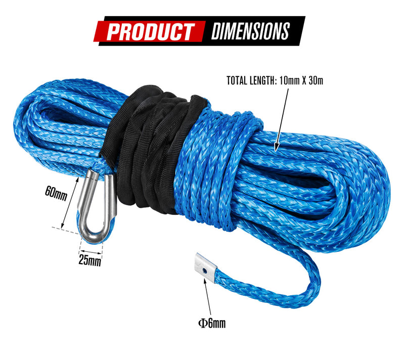 10Mm X 30M Synthetic Winch Rope Dyneema Sk75 Tow Recovery Cable 4Wd Car Blue
