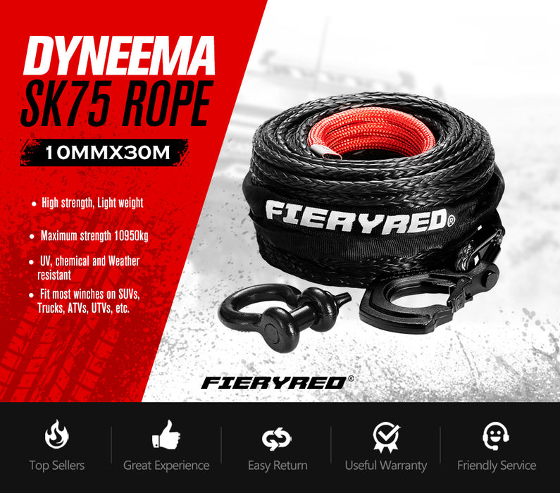 10Mm X 30M Synthetic Winch Rope Dyneema Sk75 Tow Recovery Rope Offroad 4Wd