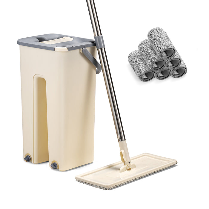 Flat Mop And Bucket Floor Mop Cleaner Set Wet Dry W / 6 Heads
