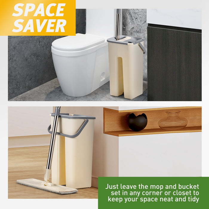 Flat Mop And Bucket Floor Mop Cleaner Set Wet Dry W / 6 Heads