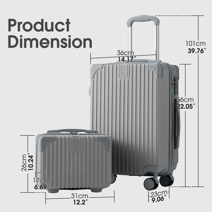2Pcs 20+14" Luggage Suitcase Trolley Set Travel Tsa Lock Storage Case Grey
