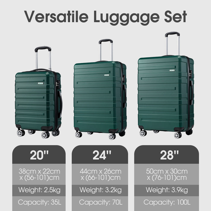 3Pcs Luggage Suitcase Trolley Set Travel Tsa Lock Storage Hard Case Green