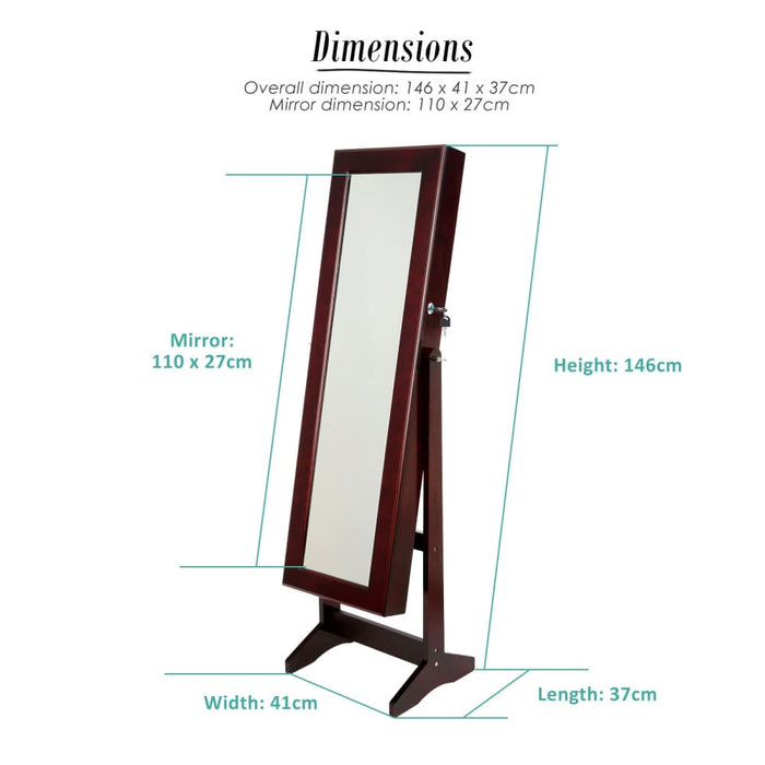 146cm Walnut Mirror Jewellery Cabinet Storage Organiser Luvo