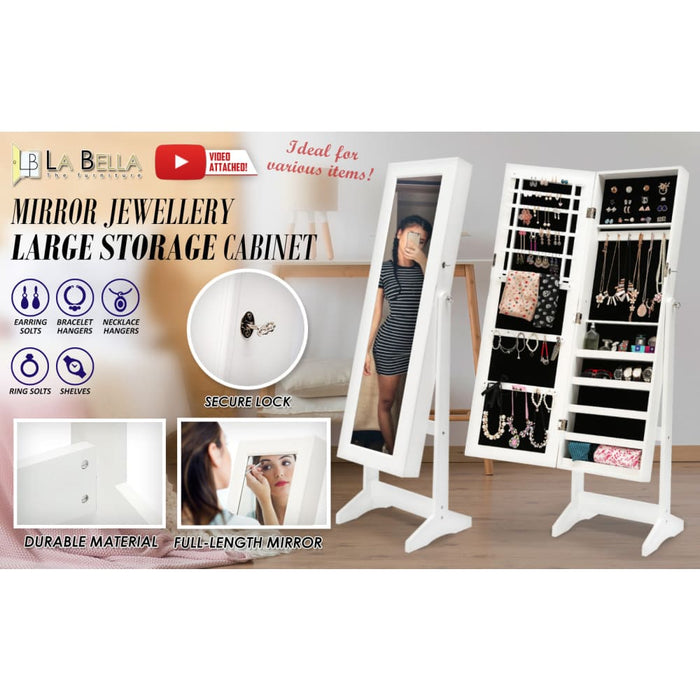 146cm White Mirror Jewellery Cabinet Storage Organiser Luvo