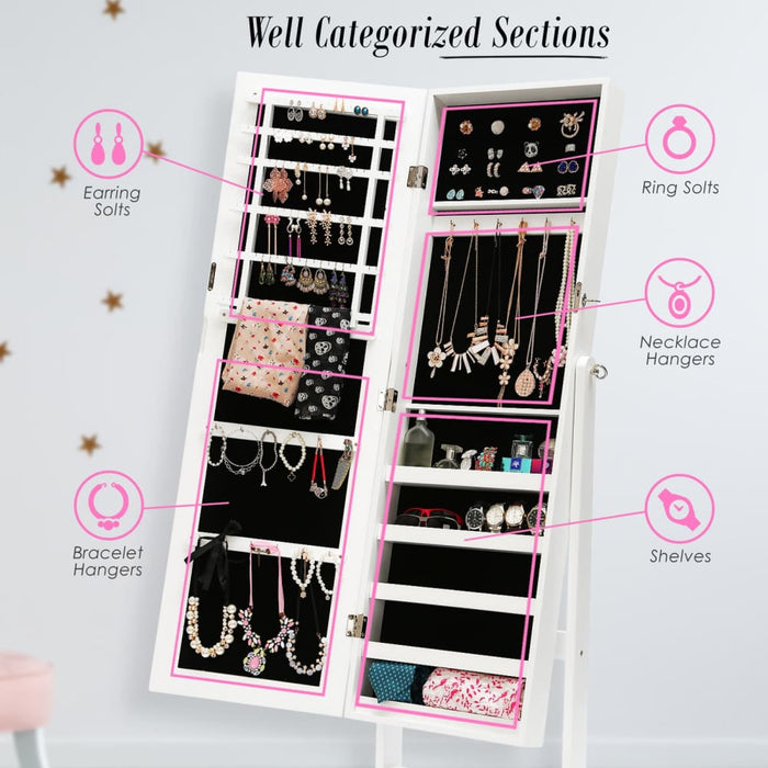 146cm White Mirror Jewellery Cabinet Storage Organiser Luvo