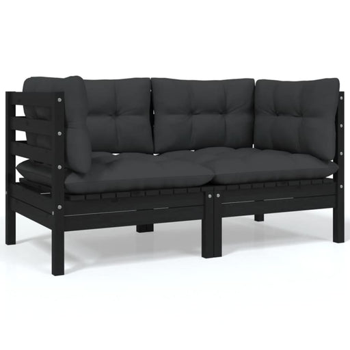 2-seater Garden Sofa with Cushions Black Solid Pinewood
