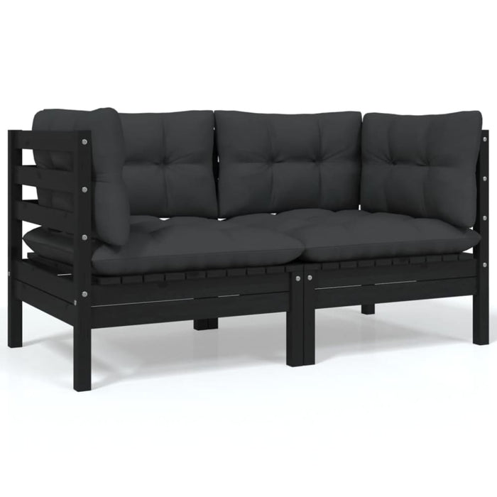 2-seater Garden Sofa with Cushions Black Solid Pinewood