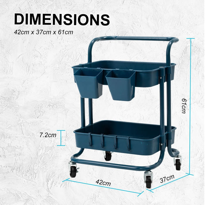 2 Tier Blue Trolley Cart Storage Utility Rack Organiser