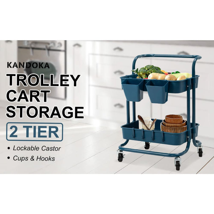 2 Tier Blue Trolley Cart Storage Utility Rack Organiser