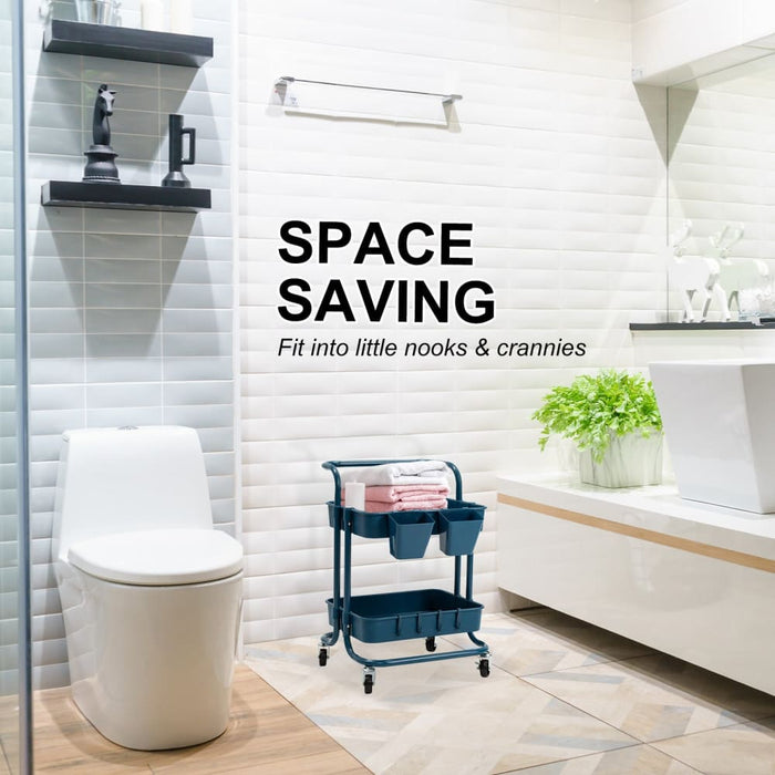 2 Tier Blue Trolley Cart Storage Utility Rack Organiser