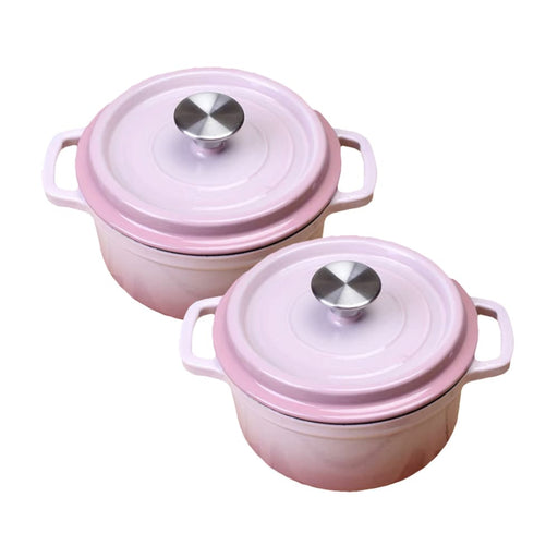 2x 22cm Pink Cast Iron Ceramic Stewpot Casserole Stew