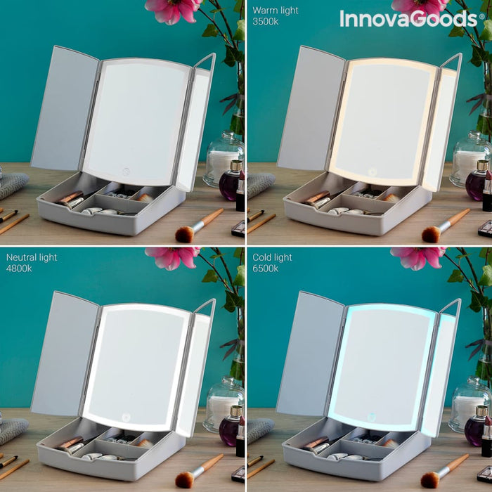 3-in-1 Folding Led Mirror with Make-up Organiser Panomir