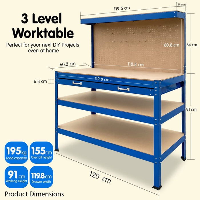 3-layered Work Bench Garage Storage Table Tool Shop Shelf-