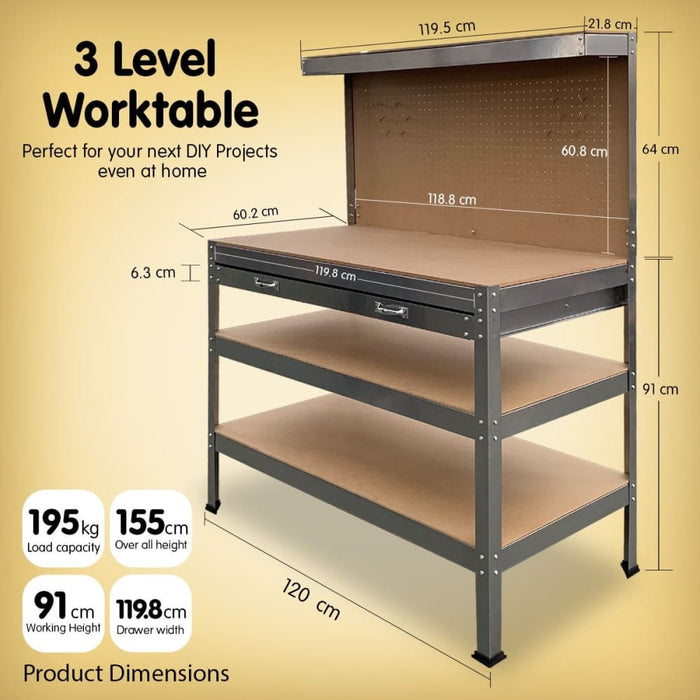 3-layered Work Bench Garage Storage Table Tool Shop Shelf