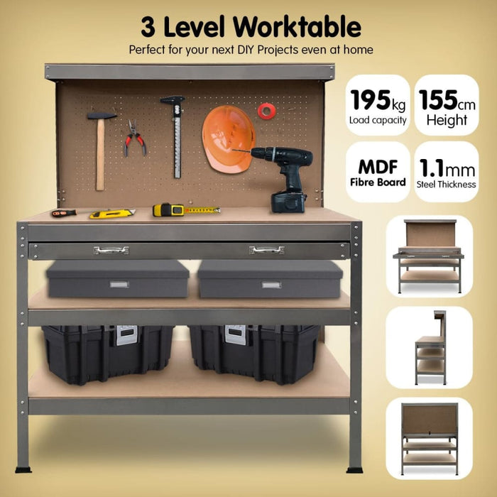 3-layered Work Bench Garage Storage Table Tool Shop Shelf